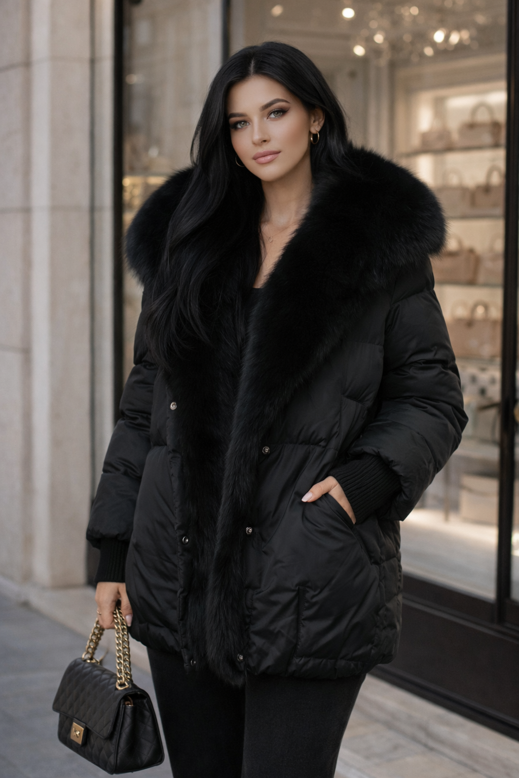 Luxuriöse Daunenjacke mit Oversize-Fellkragen